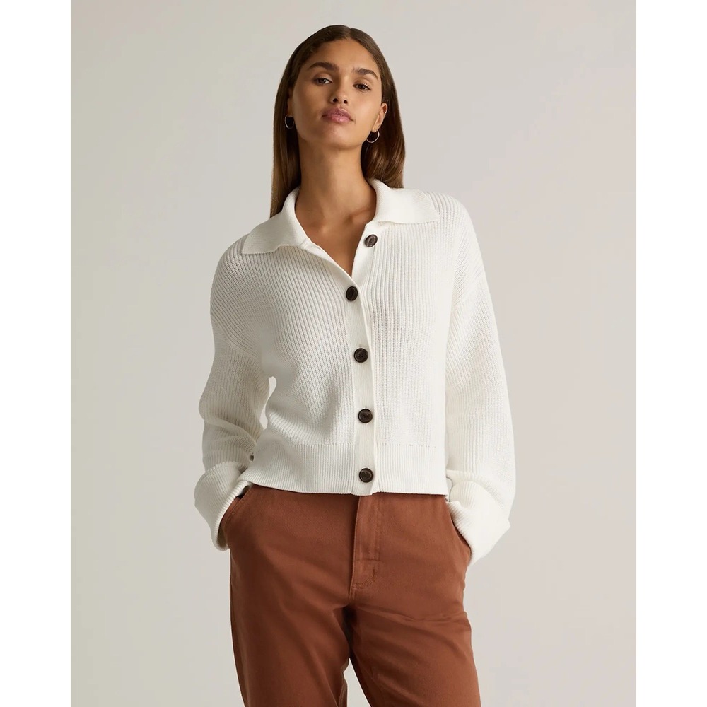 Quince 100% Organic Cotton Fisherman Collared Cardigan Sweater Ivory SMALL